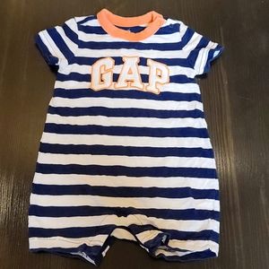 Baby Gap one piece. Blue and white stripes with coral accents. Size 6-12 months
